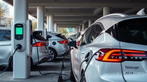Modern electric vehicle charging at a public charging station with multiple vehicles, showing cable connections, LED displays, and clean urban infrastructure with natural lighting, no text or signage visible