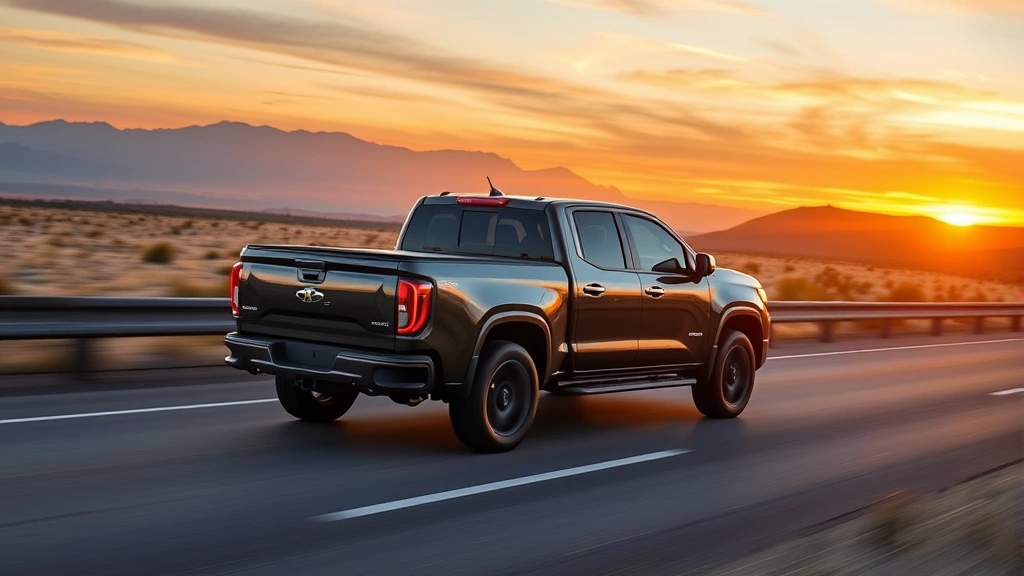 Modern full-size pickup truck driving on scenic highway at sunset, showcasing aerodynamic design and sleek profile, mountains visible in background, professional automotive photography style