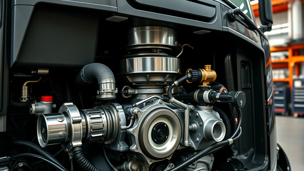 Close-up of advanced truck engine bay showing turbocharged engine components and modern fuel injection technology, clean professional automotive workshop setting with dramatic lighting