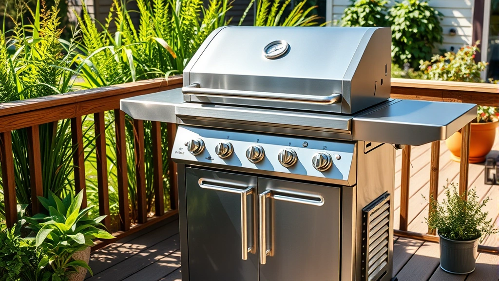 Modern stainless steel gas grill with multiple burners and thermometer on suburban wooden deck, surrounded by green plants and natural sunlight, photorealistic high quality