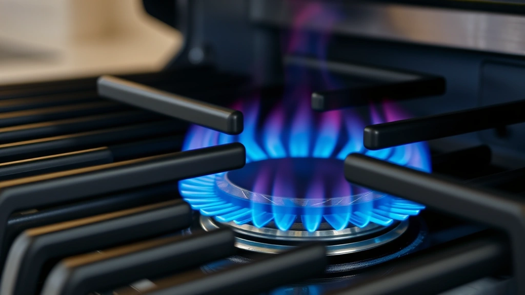 Close-up of efficient gas burner flames showing blue combustion on premium grill interior, demonstrating clean burning technology, photorealistic detail shot