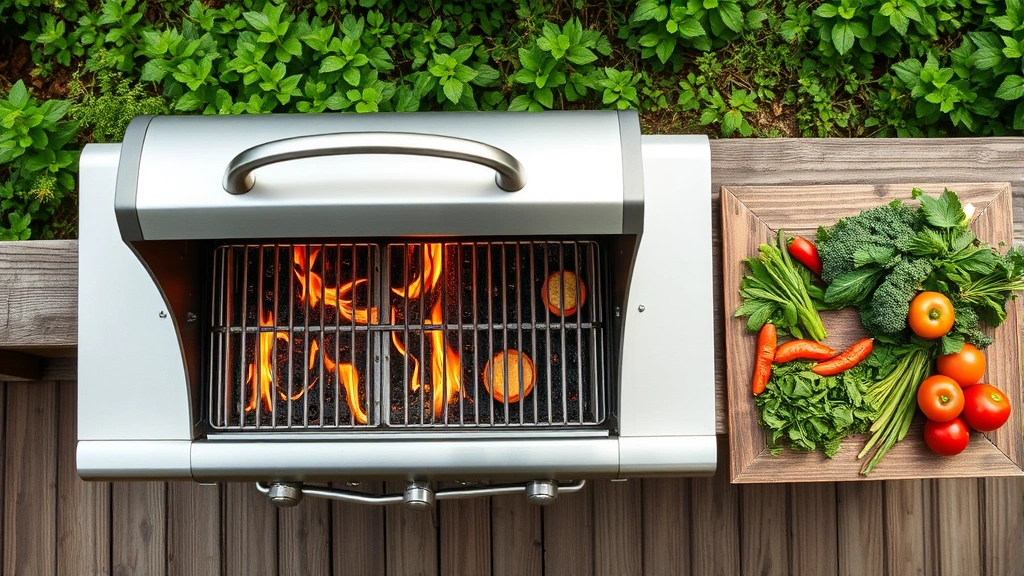 Overhead view of a stainless steel gas grill on a wooden deck, flames visible through grates, fresh vegetables and herbs on a nearby table, natural daylight, lush green garden background, sustainable outdoor cooking setup