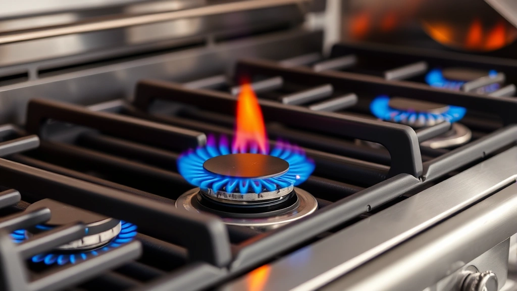 Close-up of gas grill burners igniting with blue flames, showing even heat distribution and quality burner construction, stainless steel components, professional outdoor kitchen environment