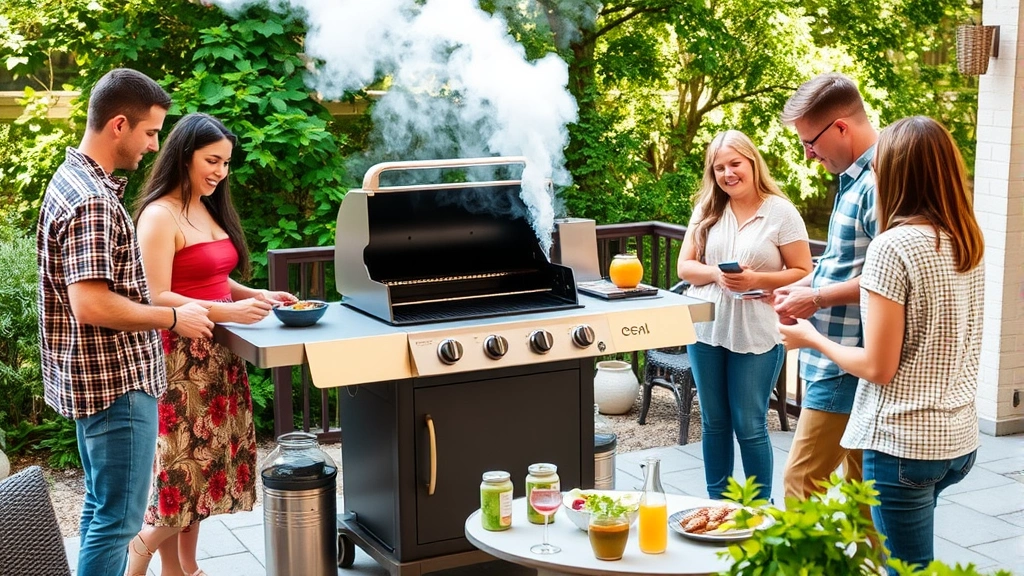 Family gathering around an operating gas grill on a patio, smoke rising gently, well-maintained grill showing durability, eco-conscious outdoor entertaining, natural afternoon lighting with green foliage visible