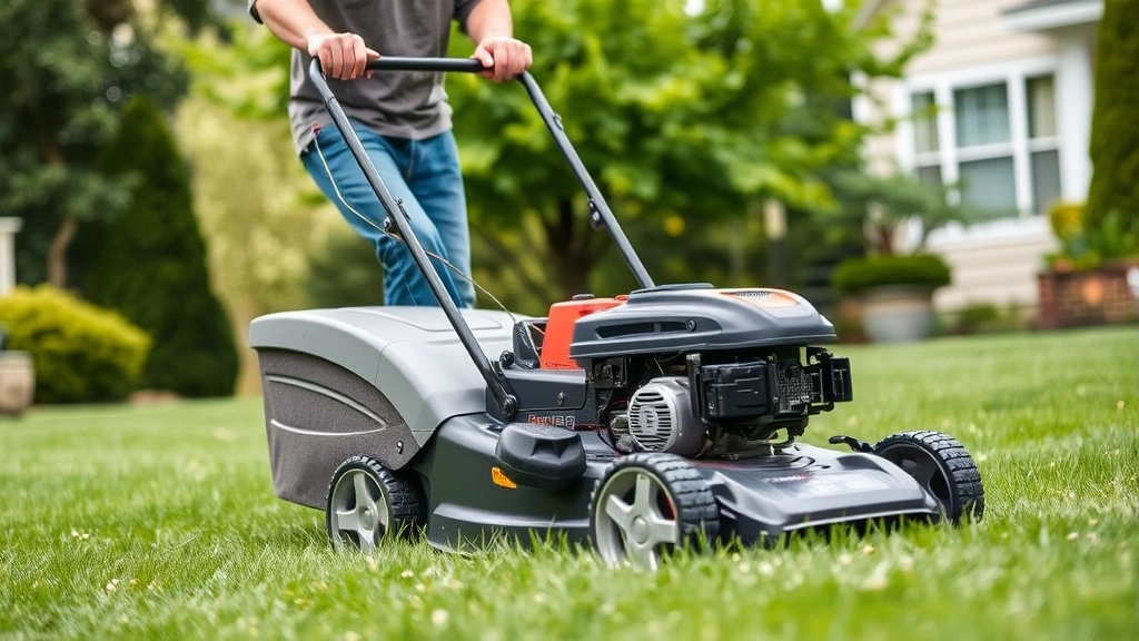 Professional landscaper operating a modern gas-powered lawn mower on a well-maintained residential lawn with green grass and trees in background, showing proper mowing technique