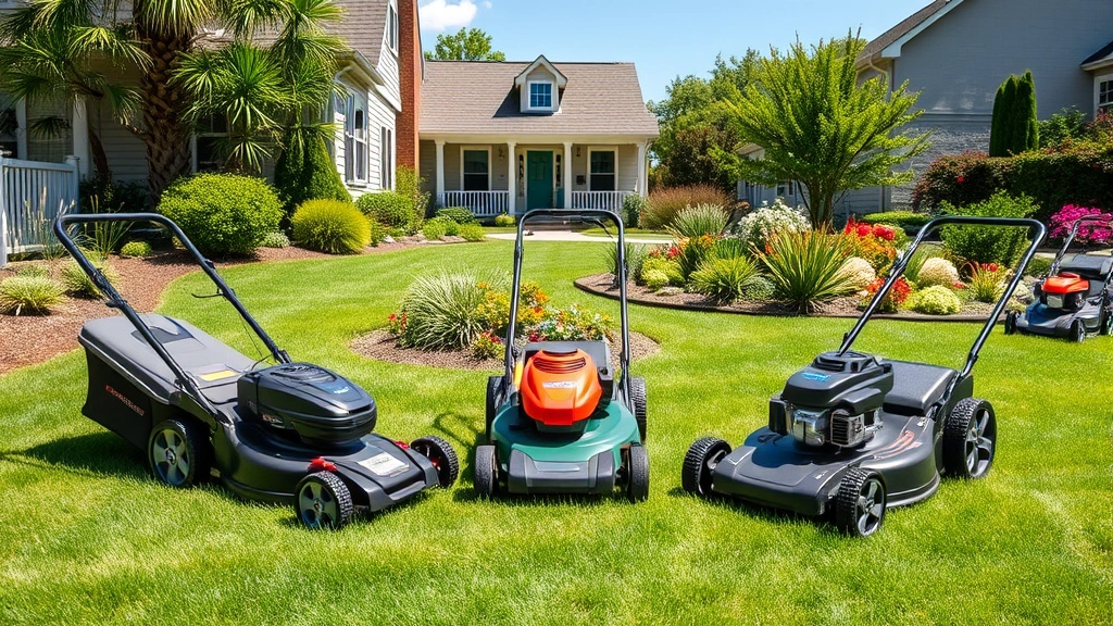 Side-by-side comparison scene showing electric, battery-powered, and gas lawn mowers parked on a sunny residential property with diverse landscape features