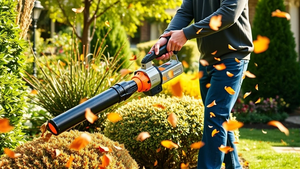 Professional landscaper operating a modern four-stroke gas leaf blower in a suburban garden, with autumn leaves swirling, demonstrating proper technique in bright natural daylight