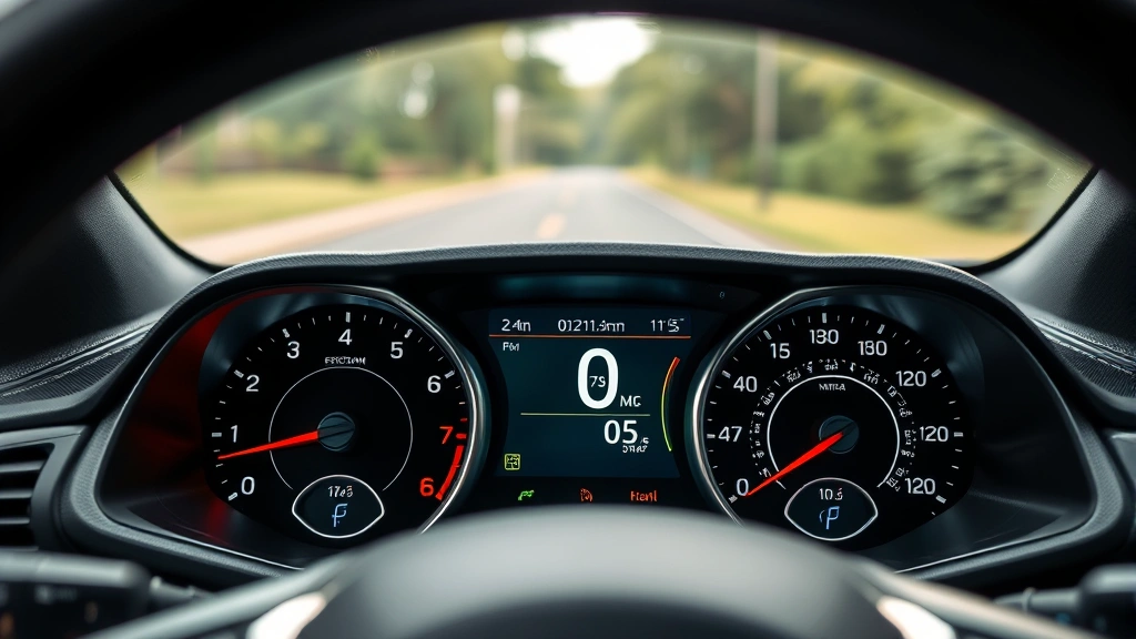 Close-up of eco-friendly SUV dashboard displaying fuel efficiency metrics and digital gauges, showing advanced technology for monitoring consumption
