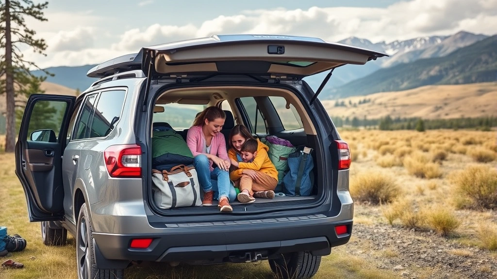 Family loading camping gear into efficient SUV in natural outdoor setting, mountains visible in distance, demonstrating practical space and sustainability lifestyle