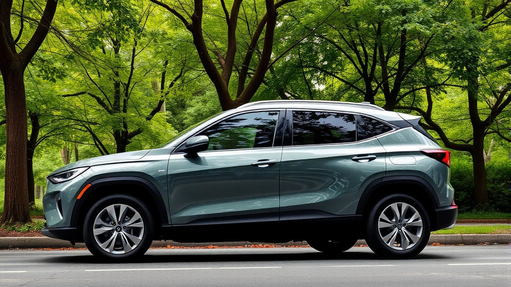 Modern compact SUV from 2023 parked on tree-lined street, showing aerodynamic design, natural daylight, green foliage background