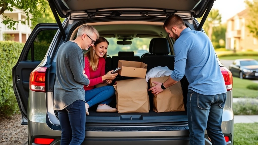 Family loading cargo into midsize SUV trunk during daytime, practical storage demonstration, suburban setting with green landscape, natural lighting