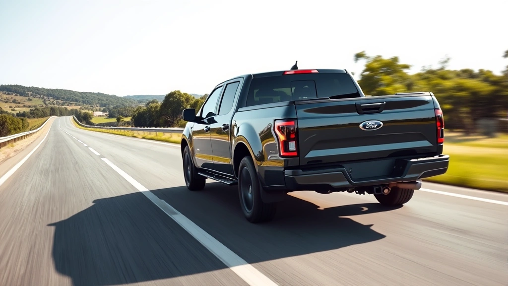 Modern pickup truck with aerodynamic design driving on clean highway through green landscape, showing smooth road and clear sky, emphasizing fuel efficiency and environmental consciousness