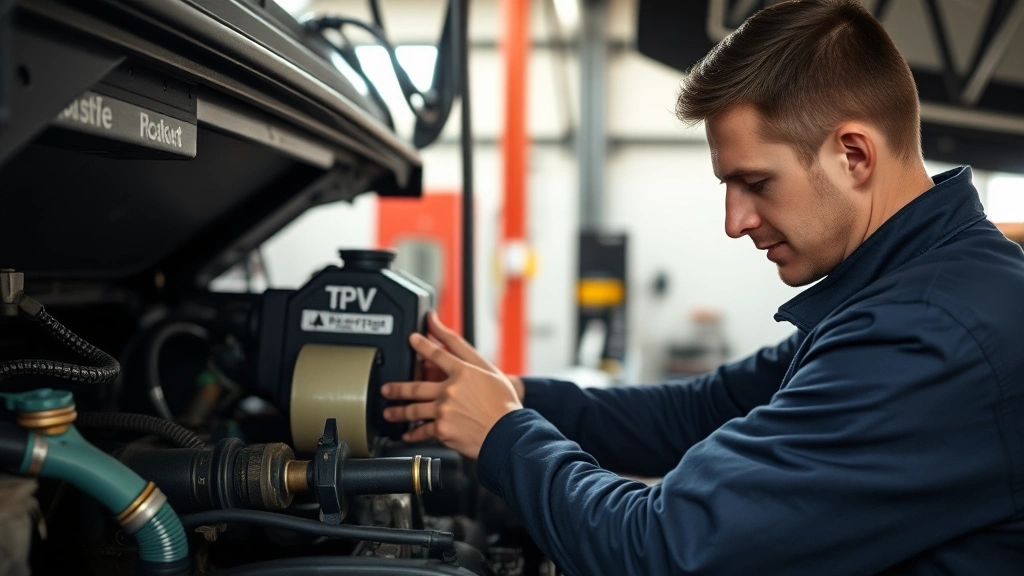 Mechanic performing routine maintenance on truck engine, checking fluid levels and air filters, modern garage setting with natural light, representing proper vehicle maintenance for optimal fuel economy