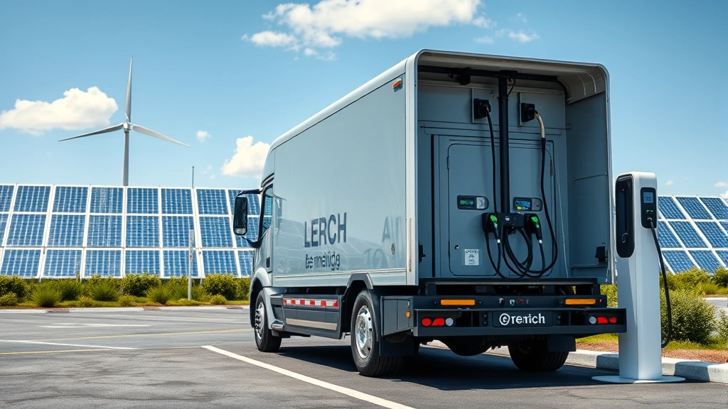 Electric charging station with sustainable renewable energy panels in background, representing future of clean truck technology and sustainable transportation alternatives