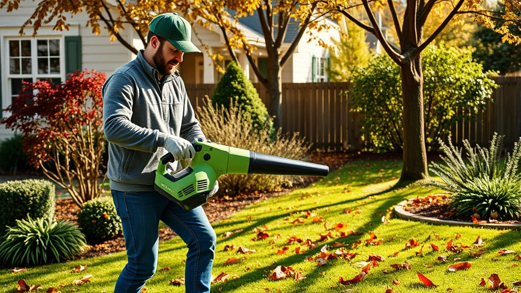 Professional landscaper using modern cordless battery-powered leaf blower in sunny residential yard with autumn leaves, photorealistic, no text or labels, showing efficient eco-friendly equipment in action