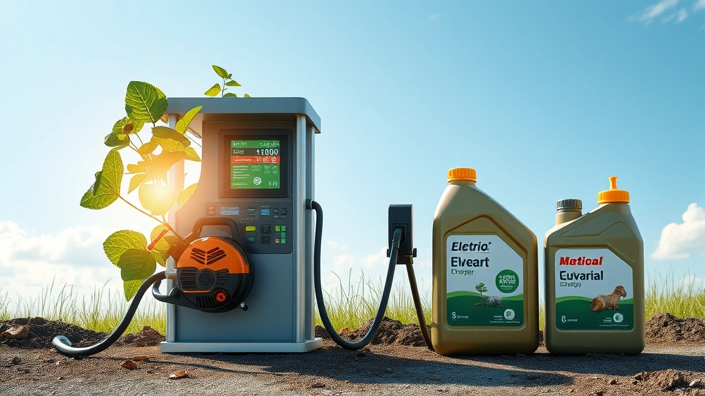 Comparison view of environmental impact: electric blower battery charging station next to traditional gas can and oil bottle, photorealistic sustainability imagery highlighting clean energy transition