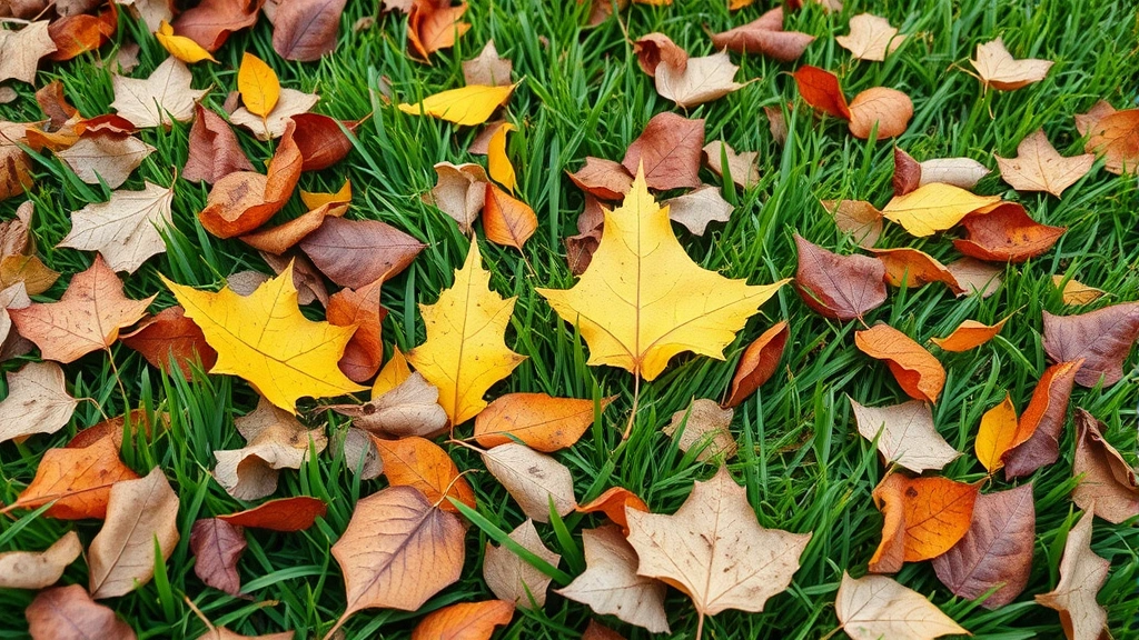 Autumn leaves naturally mulched into lawn grass showing decomposition and nutrient cycling, photorealistic nature photography demonstrating sustainable leaf management without equipment