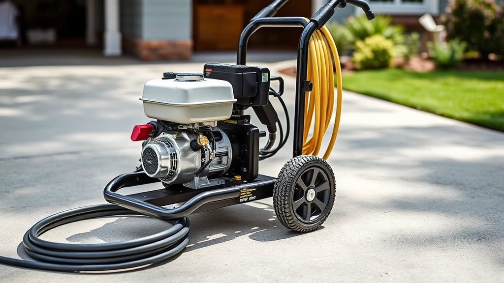 Professional-grade gas pressure washer on residential driveway with concrete surface, showing equipment details and hose connections, natural daylight, no text visible