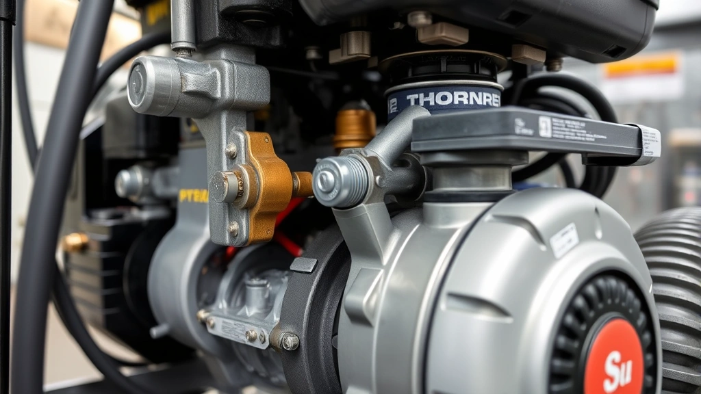 Close-up of pressure washer pump mechanism and engine components during operation, demonstrating internal engineering, clean industrial setting, no labels or signage