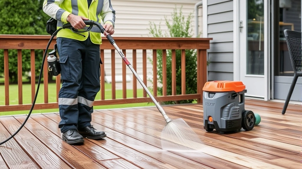 Person wearing safety equipment operating pressure washer on wooden deck surface, showing proper technique and protective gear, outdoor residential setting, no visible branding or text
