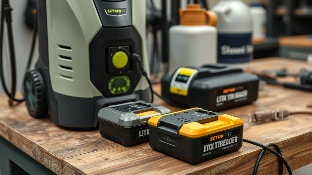 Close-up of a battery-powered pressure washer with dual lithium-ion batteries charging on a workbench, eco-friendly design, professional yet environmentally conscious setting