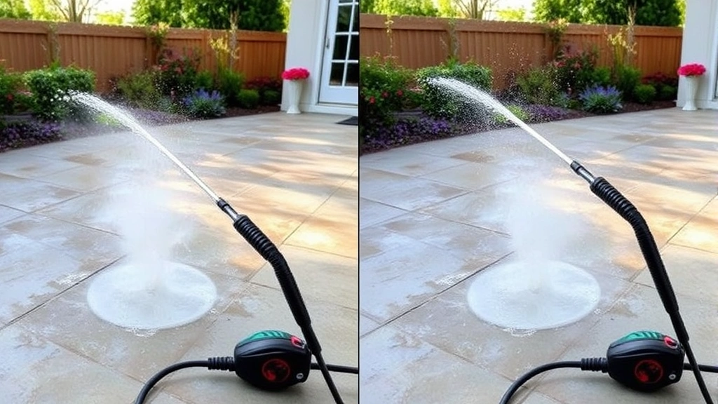 Side-by-side comparison scene showing electric pressure washer cleaning a patio surface with minimal splash, water conservation visible, sustainable cleaning in action, residential garden setting