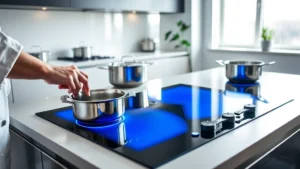 Modern kitchen with sleek induction cooktop glowing blue, stainless steel cookware, minimalist design, bright natural light from windows, plant on windowsill, professional chef's hands adjusting temperature controls