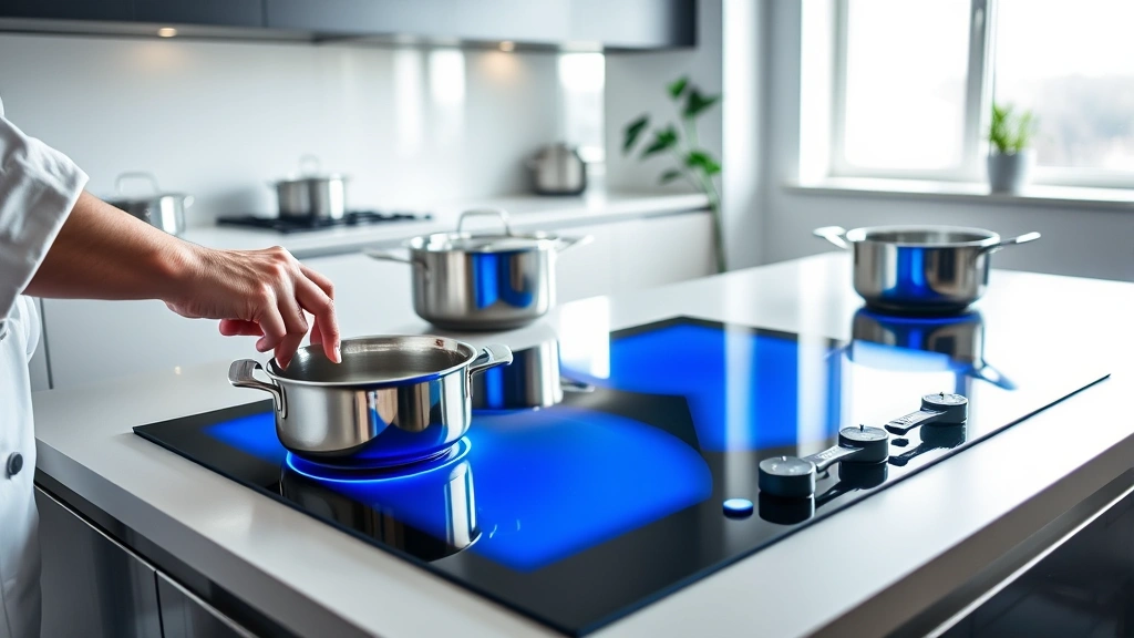 Modern kitchen with sleek induction cooktop glowing blue, stainless steel cookware, minimalist design, bright natural light from windows, plant on windowsill, professional chef's hands adjusting temperature controls