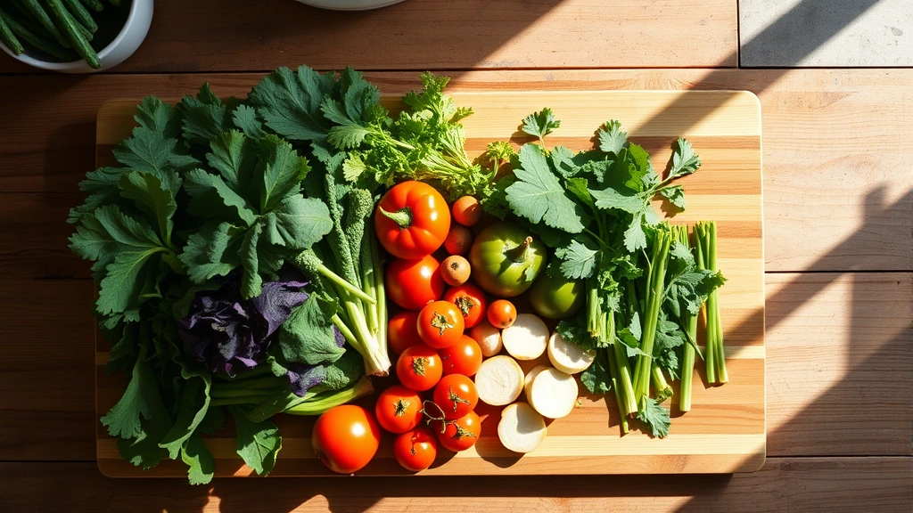 Overhead view of farm-fresh vegetables and ingredients on wooden cutting board, rustic kitchen counter, natural morning light casting shadows, seasonal produce including leafy greens and colorful vegetables, sustainable kitchen preparation scene