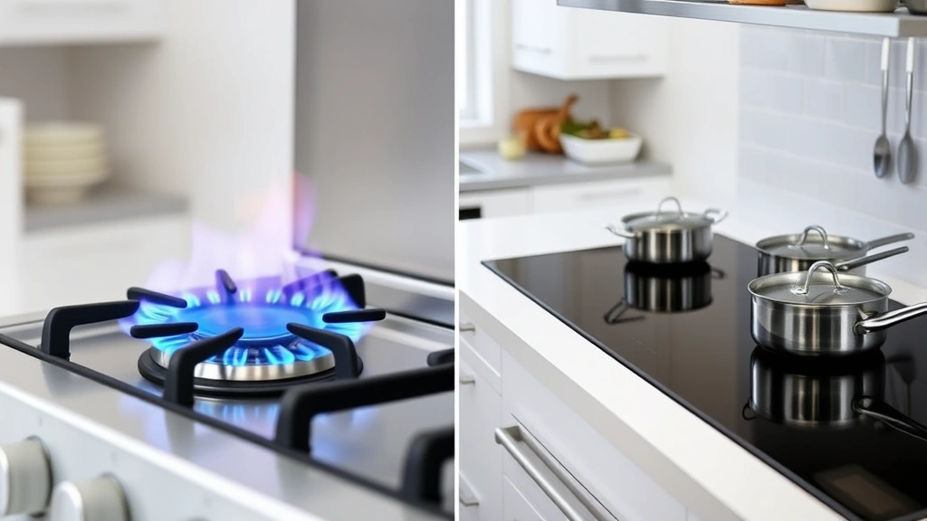 Split-screen comparison: left side shows traditional gas stove with blue flames burning, right side shows modern induction cooktop with cookware, both in contemporary kitchen settings, professional culinary environment, clean and organized