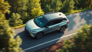 Aerial view of hybrid SUV driving through green forest landscape, showing sustainable transportation concept with natural environment. Photorealistic, bright daylight, emphasizing eco-friendly vehicle design