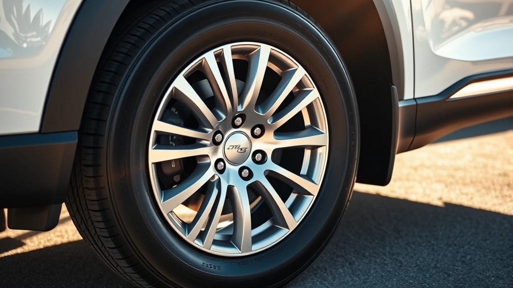 Close-up of modern SUV wheel with low-rolling-resistance tire design, clean and detailed, professional automotive photography style. Sunlight reflecting off tire surface, emphasizing efficiency technology