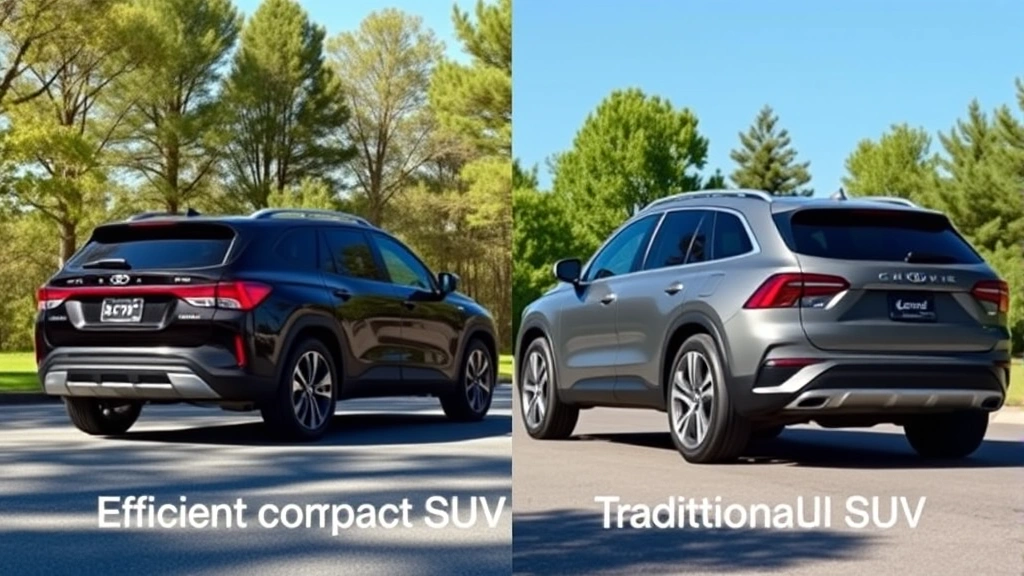 Split-screen comparison: efficient compact SUV on left versus larger traditional SUV on right, both parked in natural outdoor setting with trees and blue sky. Photorealistic, showing size difference and modern design elements