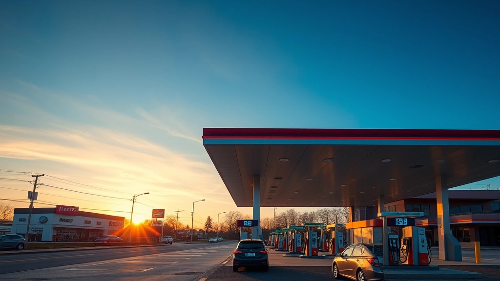 Wide overhead shot of modern gas station pumps at sunset with cars refueling, clean surroundings, blue sky, natural lighting, photorealistic