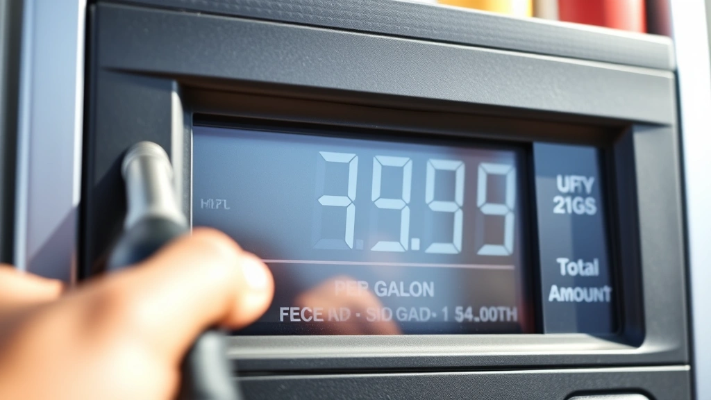 Close-up of digital fuel pump display screen showing price per gallon and total amount, with hand inserting nozzle, bright daylight, sharp detail
