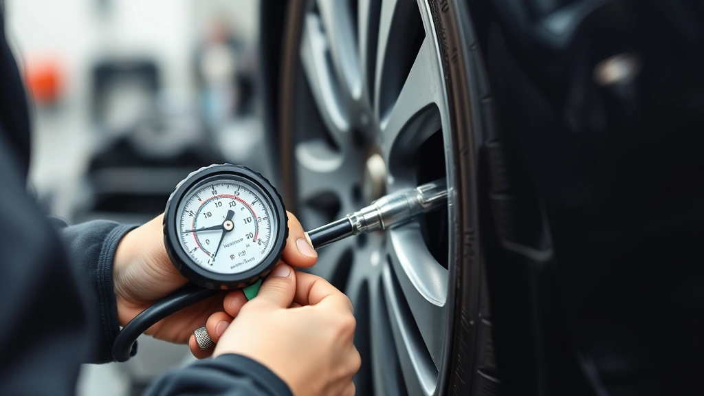 Professional tire pressure gauge checking vehicle tire inflation, mechanic or driver adjusting pressure valve, clean garage setting, focused detail shot