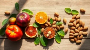 Overhead flat lay of fresh organic fruits and raw almonds on wooden surface with natural sunlight casting shadows, no text or labels visible, photorealistic