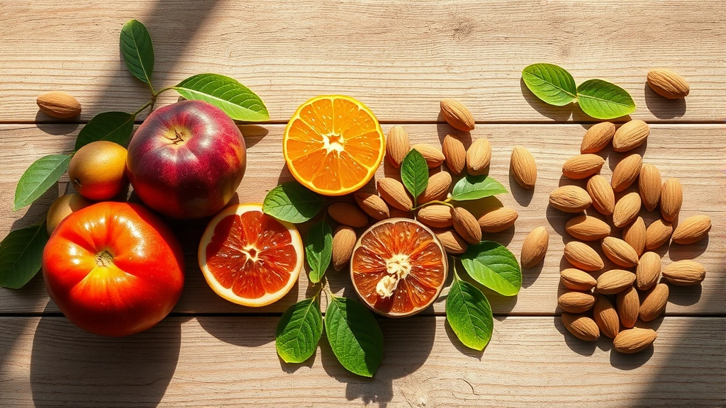 Overhead flat lay of fresh organic fruits and raw almonds on wooden surface with natural sunlight casting shadows, no text or labels visible, photorealistic