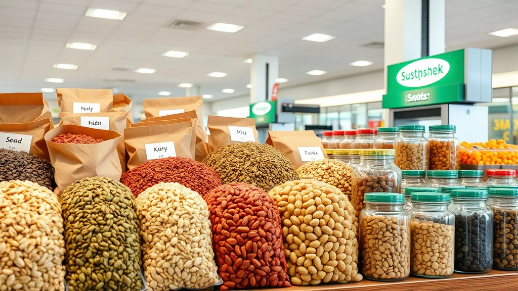 Sustainable bulk snack display with paper bags and glass containers filled with seeds, dried fruits, and nuts in modern gas station interior, bright lighting, no signage