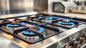 Modern stainless steel gas stove with sealed burners and blue flames, showing multiple burner sizes, professional kitchen setting with natural light, clean and gleaming surface