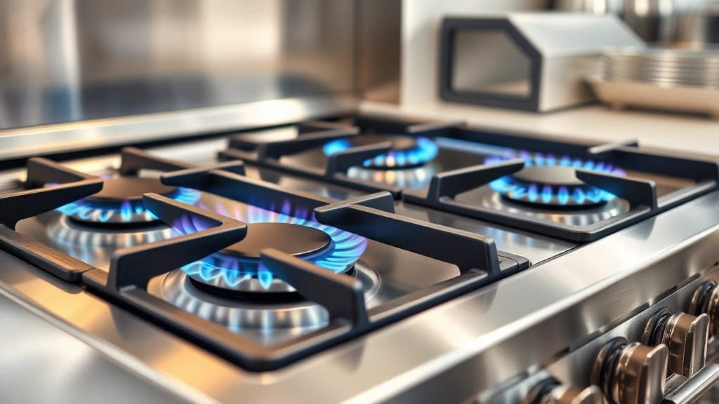 Modern stainless steel gas stove with sealed burners and blue flames, showing multiple burner sizes, professional kitchen setting with natural light, clean and gleaming surface