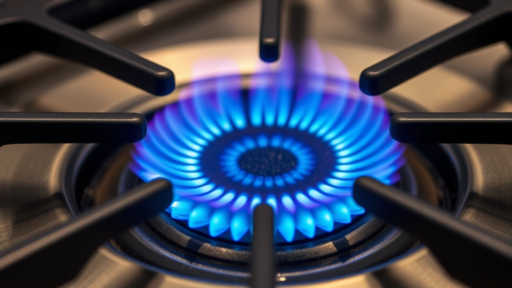 Close-up of efficient gas burner flame with dual rings demonstrating heat distribution, bright blue flame pattern, sealed burner design visible, professional cooking environment