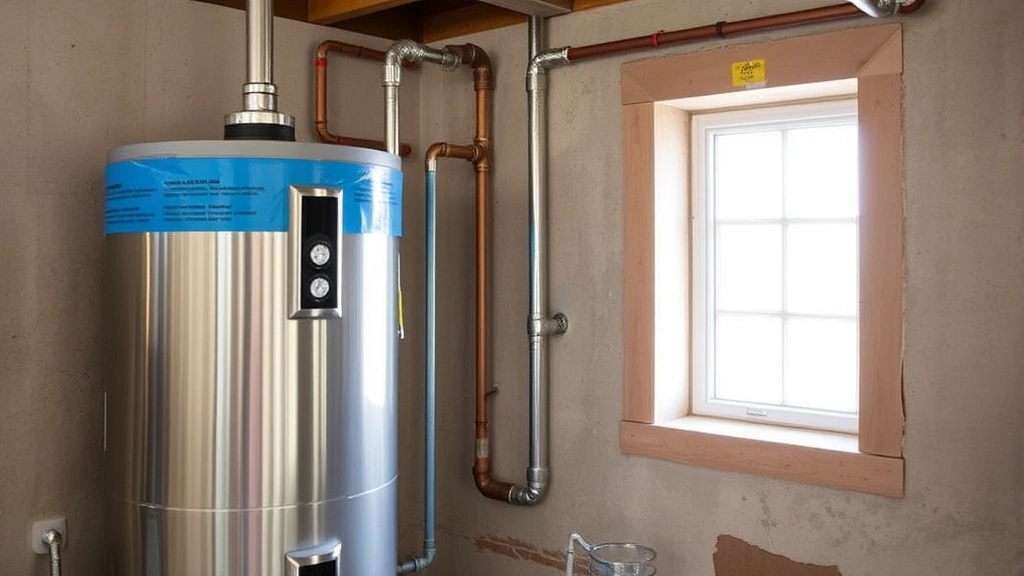 Modern stainless steel gas water heater tank installed in basement with blue insulation wrap, professional plumbing connections, natural lighting from window
