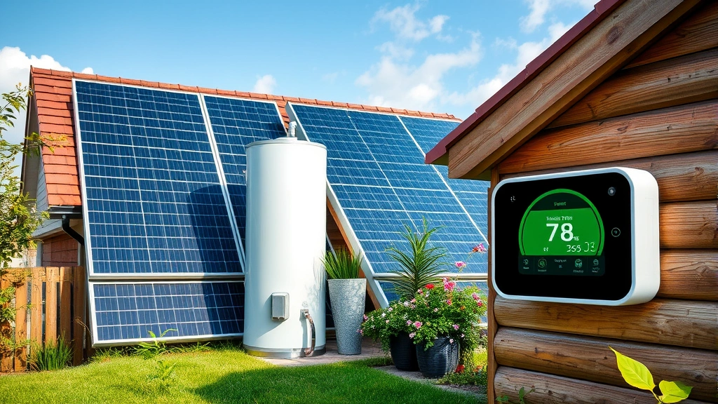 Eco-friendly home energy system showing gas water heater alongside solar panels and smart thermostat display, sustainable living environment