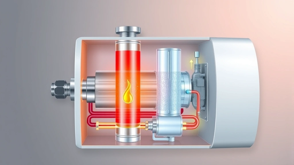 Cutaway technical illustration showing internal condensing heat exchanger system in gas water heater with water flow and energy efficiency visualization