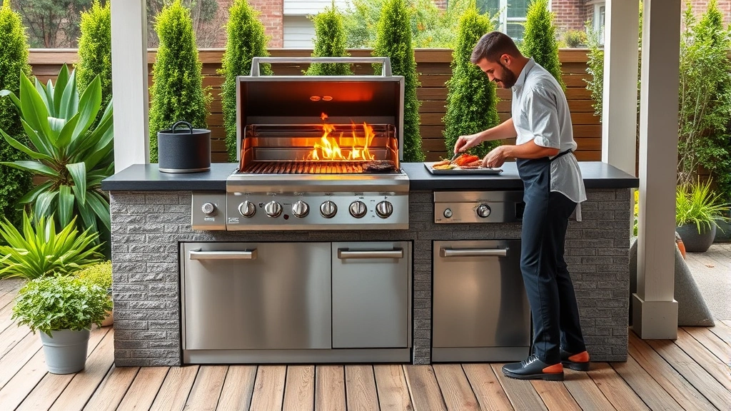 A sleek stainless steel natural gas grill installed on a modern patio with lush green plants and sustainable wooden decking, professional chef preparing food with precision flame control
