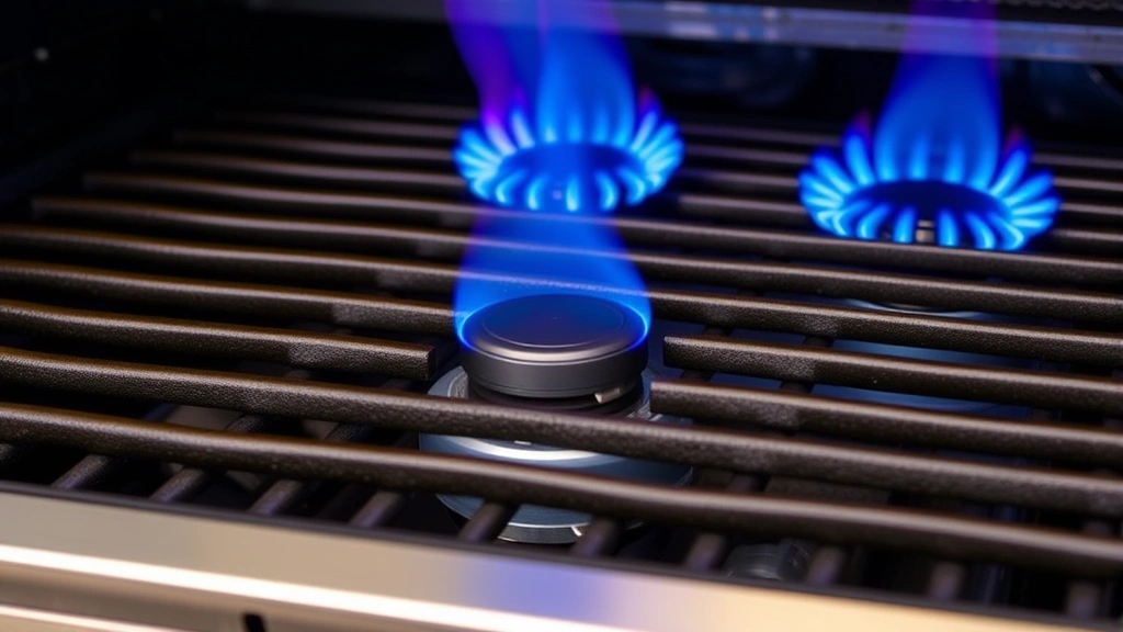 Close-up detail of blue burner flames on quality cast iron grates with even heat distribution, showing the internal components and burner technology of a premium natural gas grill
