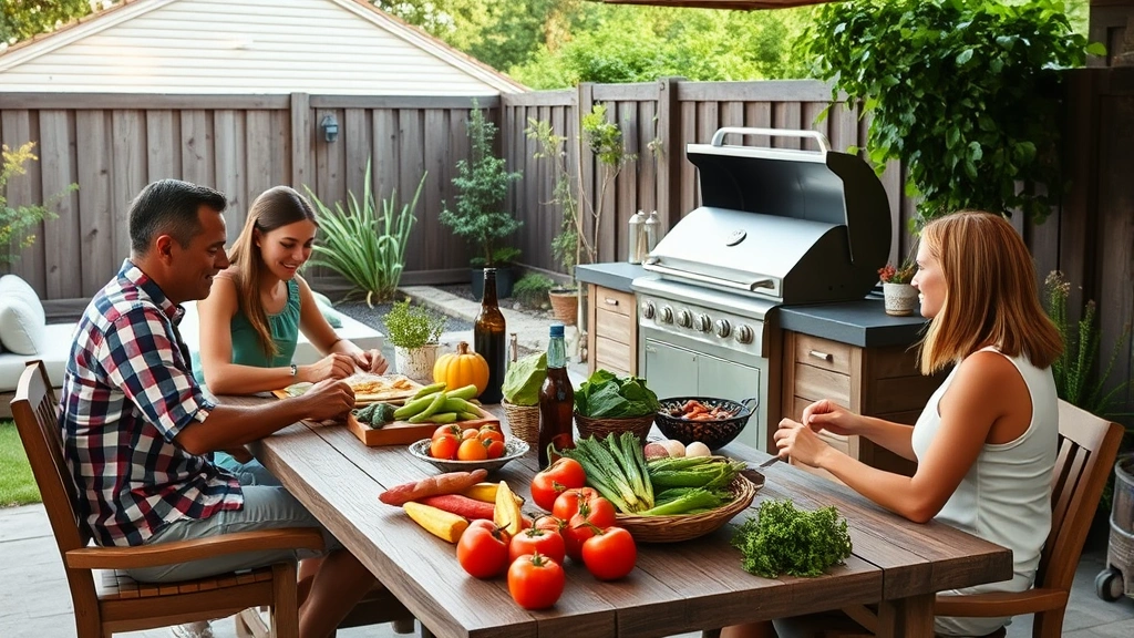 A family gathering around an outdoor dining area with a natural gas grill, fresh vegetables and local ingredients ready for cooking, sustainable backyard entertaining setup