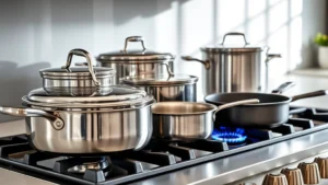 Professional stainless steel and cast iron cookware arranged on a modern gas stovetop with visible blue flame, natural lighting, minimalist kitchen background