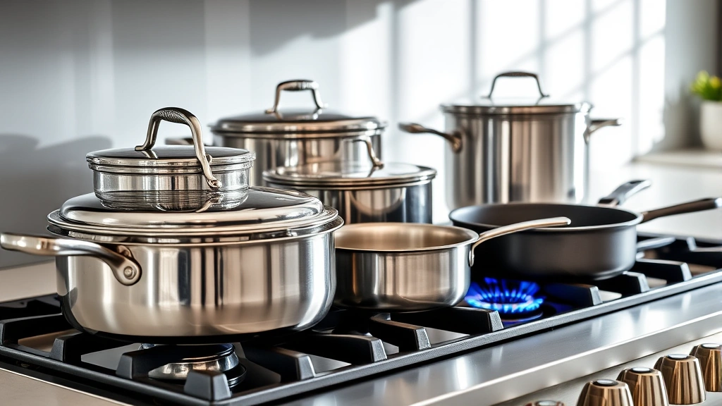 Professional stainless steel and cast iron cookware arranged on a modern gas stovetop with visible blue flame, natural lighting, minimalist kitchen background